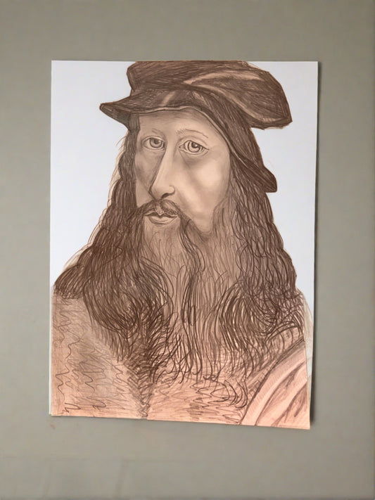 Introducing our Leonardo Da Vinci portrait, expertly crafted in B4 pencil. Capturing the essence of the renowned artist himself, this portrait brings a touch of historical elegance to your home or office space. With intricate detailing and a nod to Da Vinci's iconic style, it's a timeless piece that's sure to spark intrigue and admiration.