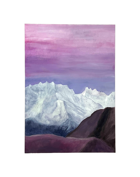 painting of mountains with a pink sky background.